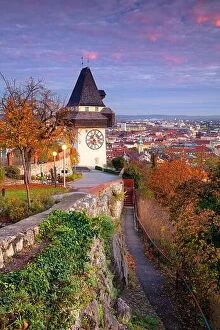 Austria Collection: Graz, Austria. Cityscape image of the Graz, Austria with the Clock Tower at beautiful autumn sunset