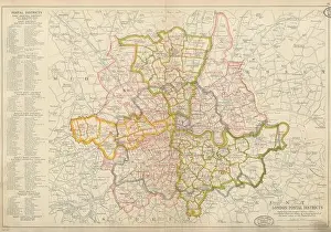 Vintage colour lithographic map print of London Postal Districts