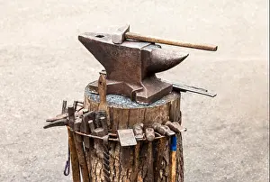 Old Anvil Print with Blacksmith Tools