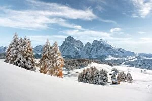 Alpe Di Siusi Collection: Picturesque landscape with small wooden house, cottage or log cabins on meadow Alpe di Siusi