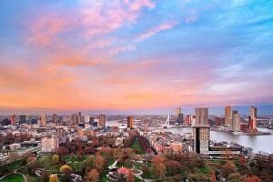 Netherlands Collection: Rotterdam, Netherlands, city skyline over the Nieuwe Maas River at twilight