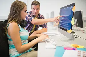 Smiling Classmates Working Together on Computer Print
