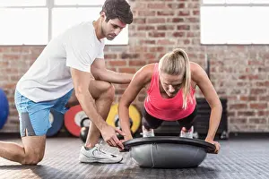 Crossfit Gym Print - Trainer Motivating Client Doing Push Ups