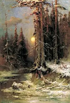 Winter Sunset in the Pine Forest Print, State Art Museum, Irkutsk
