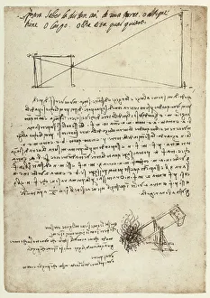 Bombard and study to measure the dimension of an object from a fixed and distant point; work of Leonardo da Vinci belonging to the Code B (2173), c.55v. preserved at the Institute of France in Paris