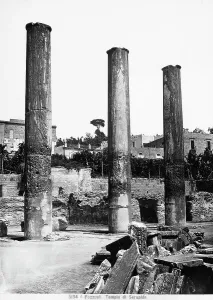 Three columns from the ancient Temple of Serapis. Archeological work located a Pozzuoli, in the province of Naples