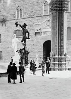 Prints of The copy of David of Michelangelo and the Perseus of Benvenuto Cellini, Piazza della Signoria, Florence Florence Statue Mannerism, Renaissance-Baroque styles and periods, Europe Related Image Prints: The copy of David of Michelangelo and the Perseus of Benvenuto Cellini