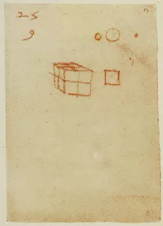 A cube, a square and some circles, drawing from the Codex Forster II, c.17r, by Leonardo da Vinci, housed in the Victoria and Albert Museum, London