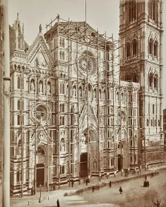 The facade of the Cathedral in Florence under renovation, with the scaffolding covering the surfaces of The building