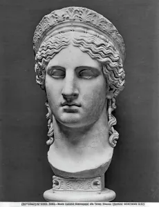 Head of Juno, marble, Boncompagni Ludovisi collection, Ancient greek art copy from the original of the V cent. formerly National Roman Museum, Palazzo Massimo alle Terme, today National Roman Museum, Palazzo Altemps, Rome