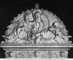 Marble tabernacle, detail with God the Father giving a benediction; work by Mino da Fiesole located in the Cappella del Miracolo of the Church of Sant'Ambrogio, in Florence