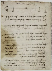Observations on physics, writings from the Codex Forster II, c.118v, by Leonardo da Vinci, housed in the Victoria and Albert Museum, London