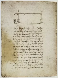 Observations on physics, writings from the Codex Forster II, c.119v, by Leonardo da Vinci, housed in the Victoria and Albert Museum, London