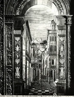 Perspective view with imaginary architecture. Intarsia by Giovanni da Verona in the choir stalls of the Santa Maria in Organo Church in Verona