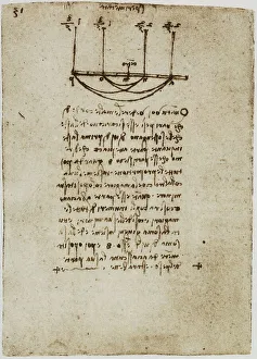 Physics observations using weights and ropes, writings from the Codex Forster II, c.146v, by Leonardo da Vinci, housed in the Victoria and Albert Museum, London