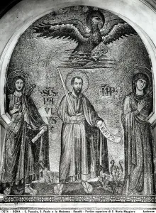 St. Pasquale, St. Paul and the Madonna. Mosaic by Filippo Rusuti located in the gallery of the Basilica of Santa Maria Maggiore, Rome