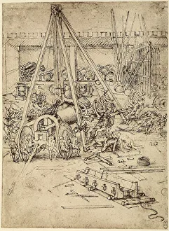 Study of cannons and windlasses, pen drawing on paper turned yellowish by Leonardo da Vinci and preserved at the Royal Library of Windsor