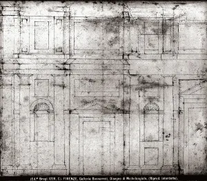 Renaissance Portal Design Prints: Study for a faade. Drawing by Michelangelo, in the museum of Casa Buonarroti in Florence