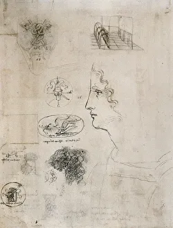Study for a man's profile, a shield with two dragons, a lamp and a plow, pen drawing on yellowed paper, by Leonardo da Vinci, housed at the Royal Library of Windsor