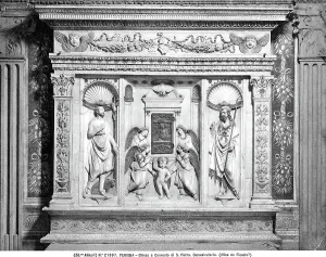 Tabernacle in marble, attributed to Mino da Fiesole with Baby Jesus in the act of benedicting among four angels and the Holy Baptist and Jerome in the Basilica of St.Peter in Perugia