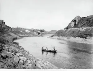 Prints of View of the Arno from Gonfolino gorge, or Gonfolino, near Ponte a Signa in the province of Florence. A boat with three men is in the foreground. Florence Ponte a Signa Florence Prints: View of the Arno from Gonfolino gorge