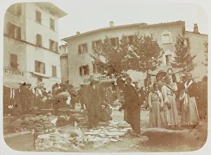 View of Piazza Catilina with the market in Cutigliano, Pistoia; postcard