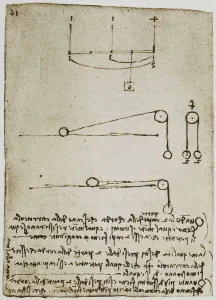 Weights and pulleys, writings from the Codex Forster II, c.143v, by Leonardo da Vinci, housed in the Victoria and Albert Museum, London