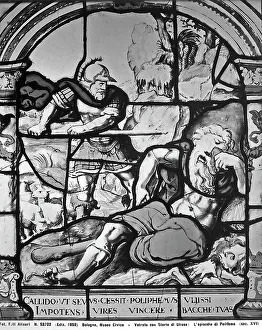 Window representing the Killing of the Cyclop Polyphemus. Episode from the Stories of Ulysses. Work preserved in the Civic Museum of Bologna