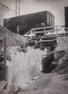Railway Bridge Construction Prints: Workers at work for the construction of a railway bridge