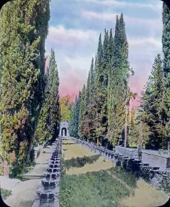 Print of a cypress-lined park surrounding the Villa Serbelloni on Lake Como