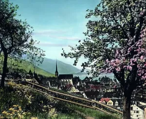 Gotthard Simplon Bahn Print, Zug Town and Pilatus Mountain