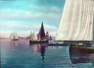 A hand-coloured glass slide print of a romantic Venetian cityscape at dusk
