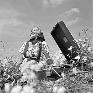 Freizeit Print: Young Woman with Gramophone in a Lawn, Germany 1930s
