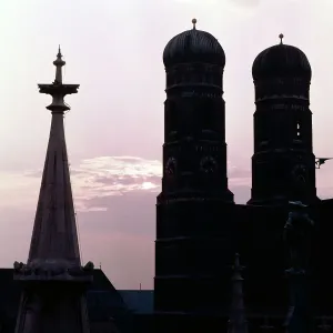 München Print: Evening View of Frauenkirche Towers