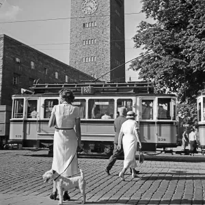 Stuttgart Print: Tram and Passersby in Front of Main Station