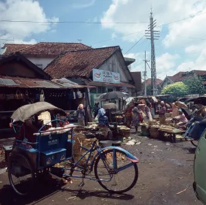 Print of a bustling market day in Surabaya, Java, Indonesia from the 1980s