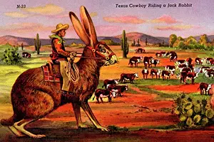Surrealism Prints: Print of a Cowboy Riding a Jack Rabbit, circa 1943