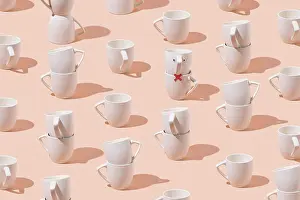 Pastel Pink Background Design Prints: Creative pattern of cups on pastel pink background. Minimal concept. Isometric