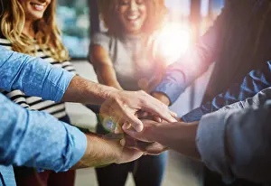 Diverse Workplace Prints: Hands, group and stack at office with support