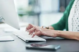 Professional Woman At Work Prints: Hands, typing and keyboard with computer in office