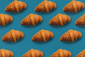Gourmet Breakfast Food Prints: Horizontal croissant pattern with blue background