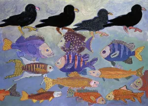 American Artist Paintings Prints: Moons And Crows On Fish