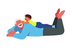 Intergenerational Love Prints: A joyful child plays on a smiling elderly man's back against a plain white background