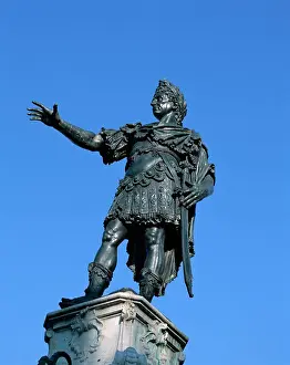 Prints of Low angle view of statue of Emperor Augustus, Augsburg, Romantic Road, Bavaria, Germany Augsburg Prints: Low Angle Print of Emperor Augustus Statue