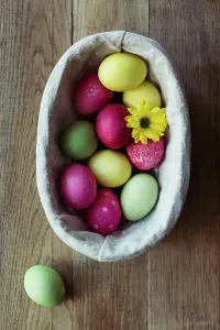 Wooden Table Setting Ideas Prints: Flowers and Easter eggs on table