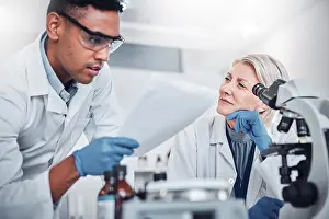 Healthcare Collaboration Prints: Science, research and team with documents in laboratory for analytics report