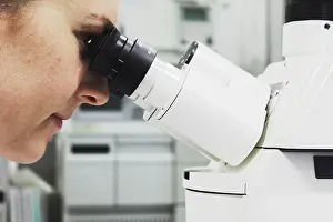 Scientific Experiment Prints: Scientist looking through microscope