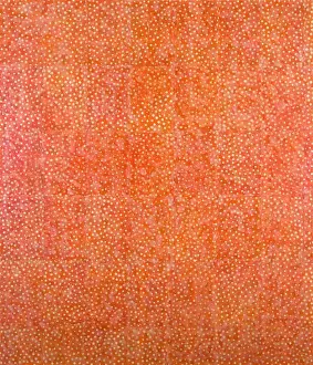 Prints of Small circles are built up with encaustic medium to create tiny Pearl Drops” set against a background of orange collage material Abstract Art Prints: Encaustic Pearl Drops Print on Orange Background
