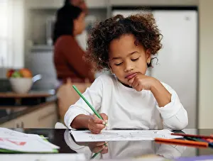 Child Learning At Home Prints: Thinking child, school learning and coloring with development and knowledge in home