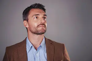 Businessman Thinking Prints: Thinking, idea and business man on gray background for problem solving